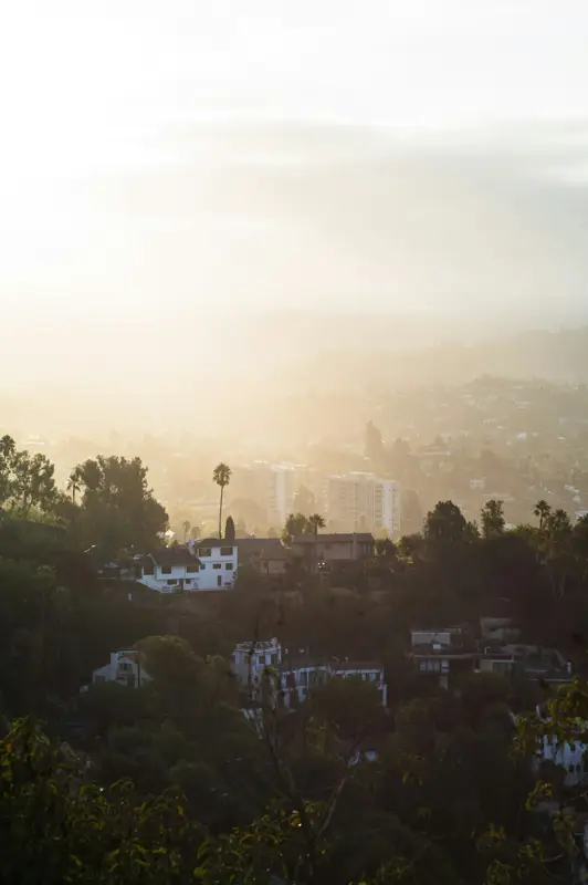 Hazy morning over hillside homes in Los Angeles